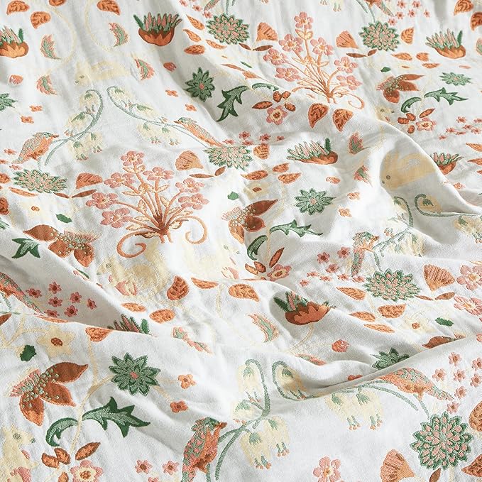 Boho Throw Blanket for Bed 80”x90”, 100% Cotton Woven Blanket for Couch Sofa, Ultra Soft 4-Layer Muslin Quilt with Floral Printed, Farmhouse Bed Blanket/Cover for Living Room Decor