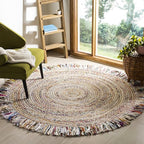 SAFAVIEH Cape Cod Collection Area Rug - 9' Round, Ivory & Light Beige, Handmade Boho Fringe Jute & Cotton, Ideal for High Traffic Areas in Living Room, Bedroom (CAP206B)