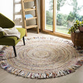 SAFAVIEH Cape Cod Collection Area Rug - 4' Round, Ivory & Light Beige, Handmade Boho Fringe Jute & Cotton, Ideal for High Traffic Areas in Living Room, Bedroom (CAP206B)