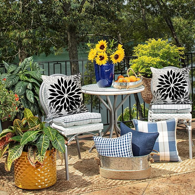 DFXSZ Black Grey Flower Pillow Covers 16x16 Inch Set of 2 White Gray Colored Throw Pillows Outdoor Waterproof Decor for Living Room Sofa Patio Funiture Garden Floral Polyester Pillow Covers 002I16