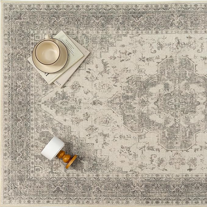 8x10 Washable Area Rug Beige Grey Vintage Distressed Large Rug for Living Room Oriental Soft Thin Indoor Retro Gray Carpet Non Slip Low Pile Floor Cover Bedroom Dining Room Office Nursery