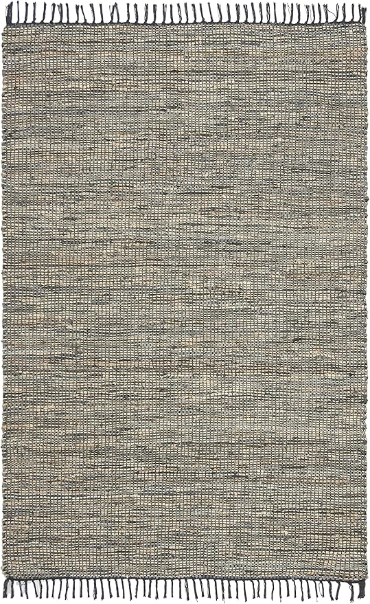 SAFAVIEH Vintage Leather Collection Area Rug - 6' x 9', Grey, Handmade Boho Fringe Leather & Jute, Ideal for High Traffic Areas in Living Room, Bedroom (VTL203F)