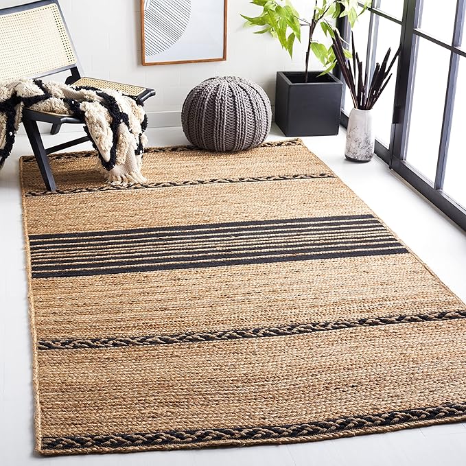 SAFAVIEH Natural Fiber Collection Area Rug - 5' x 8', Natural & Black, Handmade Stripe Boho Farmhouse Rustic Braided Jute, Ideal for High Traffic Areas in Living Room, Bedroom (NFB262Z)