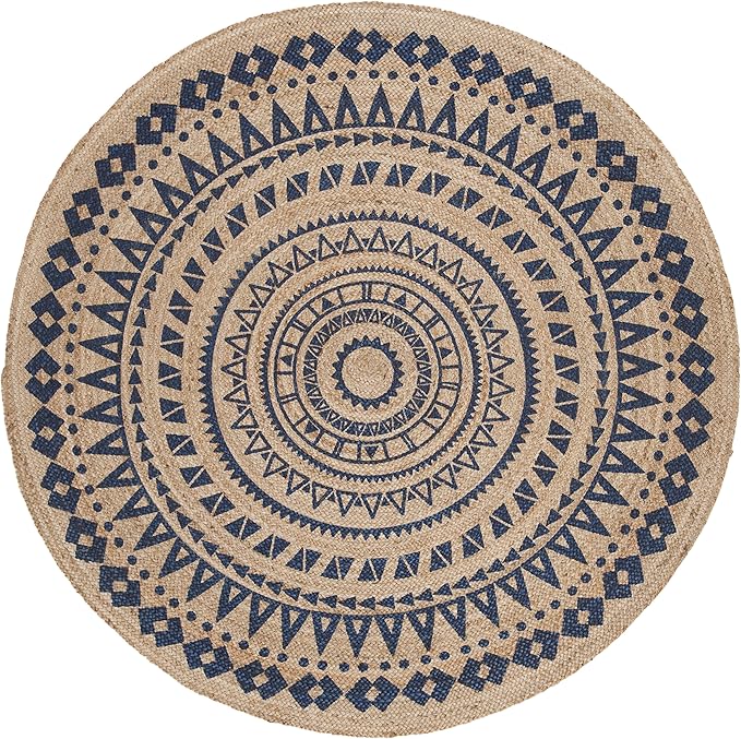 SAFAVIEH Natural Fiber Round Collection 8' Round Royal Blue NF802D Handmade Boho Mandala Braided Jute Area Rug