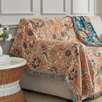 Boho Throw Blanket for Bed 90”x98”, 100% Cotton Woven Blanket for Couch Sofa, Ultra Soft 4-Layer Muslin Quilt with Floral Printed, Farmhouse Bed Blanket/Cover for Living Room Decor