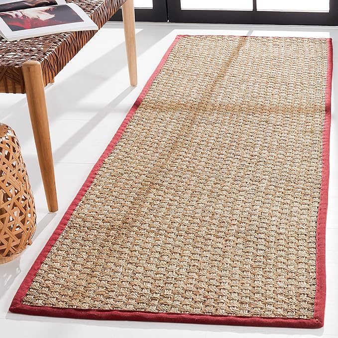 SAFAVIEH Natural Fiber Collection Runner Rug - 2'6" x 8', Natural & Red, Seagrass, Basketweave Pattern with Border (NF114D)