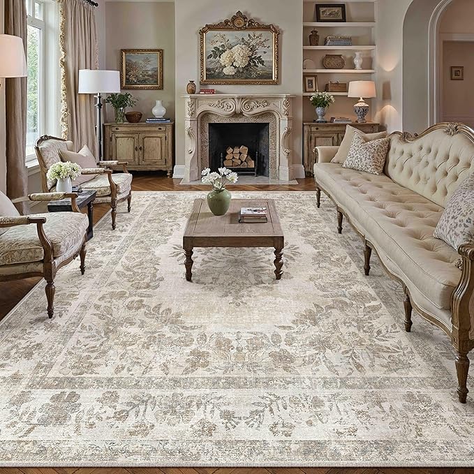 10x12 Area Rug Beige Washable Vintage Distressed Living Room Carpet Large Bedroom Indoor Medallion Floral Non Slip Retro Throw Floor Mat for Office Dining Room Kitchen Bathroom