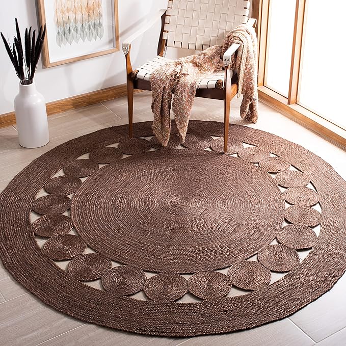 SAFAVIEH Area Rug 6' Round - Natural Fiber Collection - Brown, Handmade Jute, Boho Farmhouse Braided Design (NF364T)