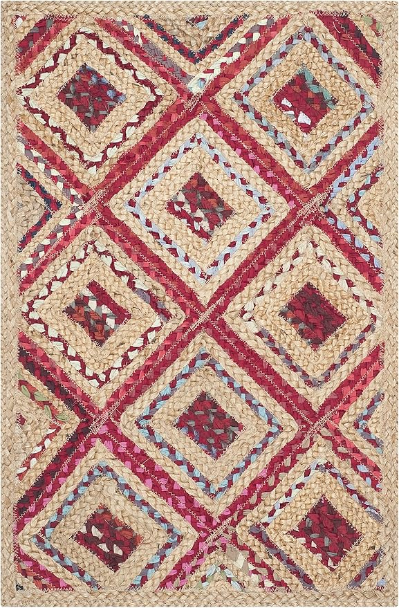 SAFAVIEH Cape Cod Collection Accent Rug - 2'3" x 4', Natural & Red, Handmade Flat Weave Diamond Braided Jute & Denim, Ideal for High Traffic Areas in Entryway, Living Room, Bedroom (CAP354B)
