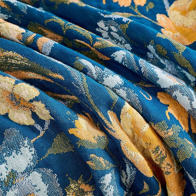 Boho Throw Blanket, 100% Organic Cotton Breathable Ultra Soft 80" x 90" Bed Quilt Throw - All Season Floral Rustic Farmhouse Decor Luxury Reversible Blanket for Sofa Couch Chair and Gift