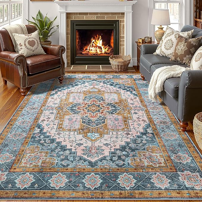 YJ.GWL Area Rugs for Living Room 4x6 Machine Washable Rugs for Bedroom, Non Slip Floral Vintage Rug Indoor Carpet, Stain Resistant Throw Rug for Dining Room Kitchen, Brown Blue