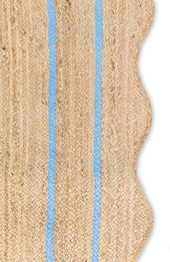Wave Scalloped Natural Jute Rug Boho Jute Rug Entryway Runner Rug Farmhouse Scallop Rug, Sky Blue (10'x14')