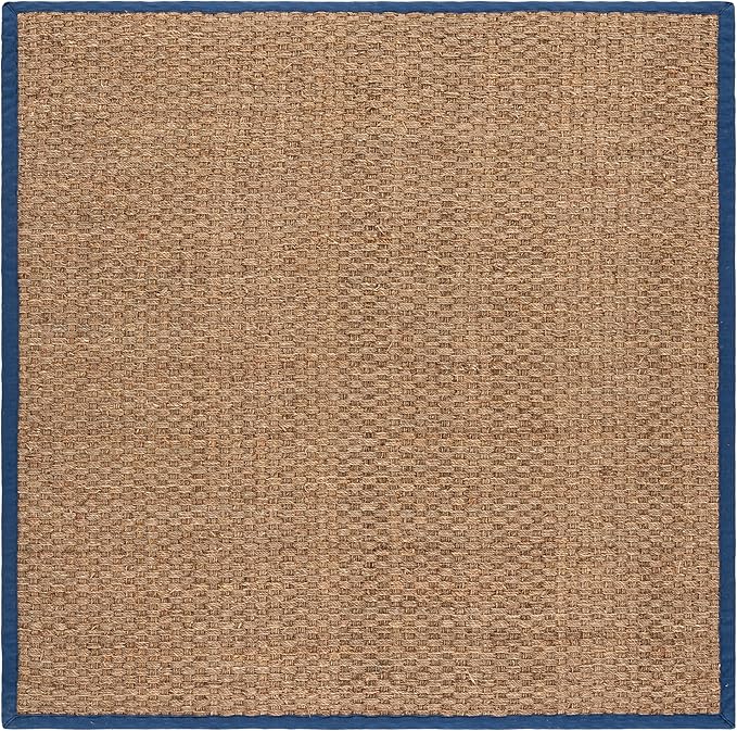 SAFAVIEH Area Rug 6' Square - Natural Fiber Collection - Natural & Navy, Seagrass, Basketweave Pattern with Border (NF114T)