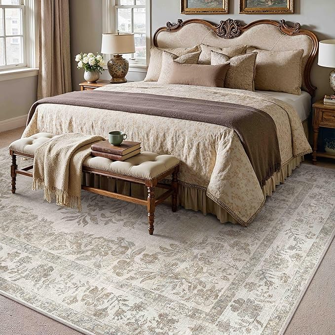 7x10 Area Rug Beige Washable Vintage Distressed Living Room Carpet Large Bedroom Indoor Medallion Floral Non Slip Retro Throw Floor Mat for Office Dining Room Kitchen Bathroom
