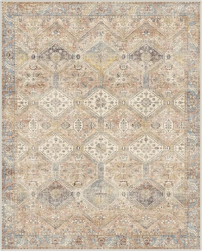 GENIMO 6x9Area Rugs for Living Room, Machine Washable Non Slip Vintage Rugs, Low Pile Lightweight Print Rug for Bedroom, Dining Room, Home Office, Warm Brown