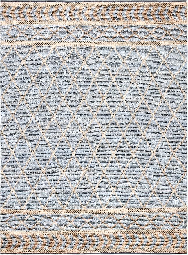 SAFAVIEH Natural Fiber Collection Area Rug - 9' x 12', Natural & Blue, Handmade Boho Moroccan Trellis Jute, Ideal for High Traffic Areas in Living Room, Bedroom (NF955N)