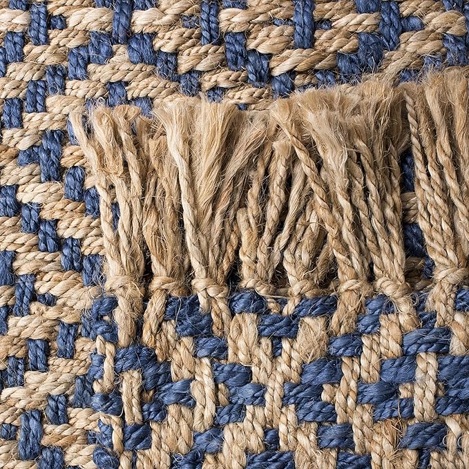 SAFAVIEH Natural Fiber Collection Area Rug - 9' x 12', Tropical Blue & Natural, Handmade Boho Diamond Tassel Jute, Ideal for High Traffic Areas in Living Room, Bedroom (NF266D)