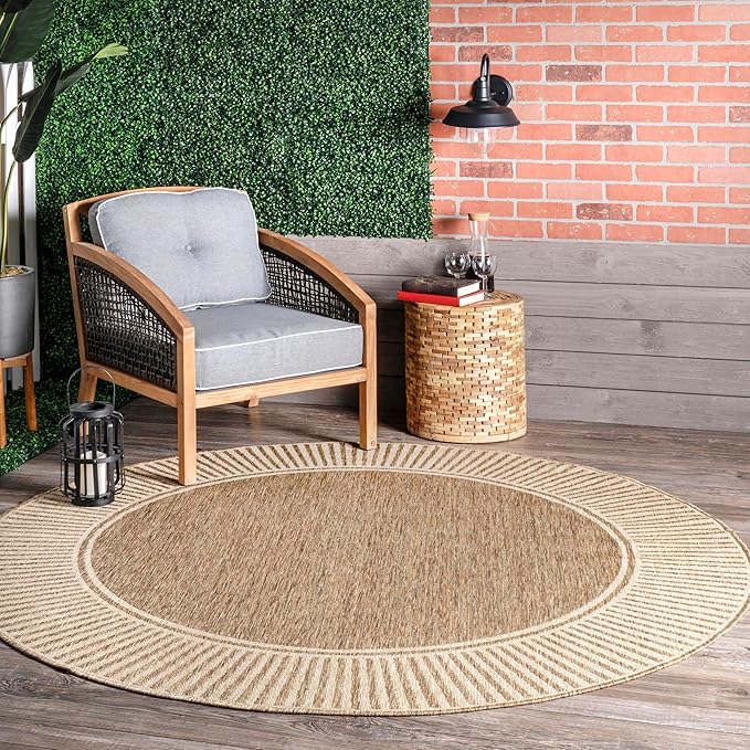 Nuloom Asha Light Brown/Ivory, 6'7" Round, Casual, Striped Border, Soft and Cozy, High Traffic, Stain Resistant, Easy Clean, Durable Area Rug for Indoor/Outdoor Patio, Deck, Porch, Garden, Courtyard