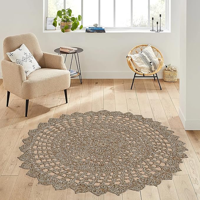 Jute Hand Crochet Rug, Natural/Spa Grey - 3 Feet Round, Non Slip Decorative Accent Floor Rugs for Entryway, Kitchen, Living Room, Nursery | Farmhouse Small Scalloped Rustic Door Mat for Patio Décor