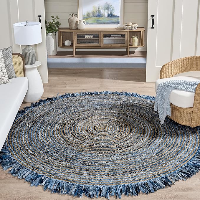 SAFAVIEH Cape Cod Collection Area Rug - 8' Round, Ivory & Denim, Handmade Boho Fringe Jute & Cotton, Ideal for High Traffic Areas in Living Room, Bedroom (CAP206D)