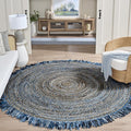SAFAVIEH Cape Cod Collection Area Rug - 8' Round, Ivory & Denim, Handmade Boho Fringe Jute & Cotton, Ideal for High Traffic Areas in Living Room, Bedroom (CAP206D)
