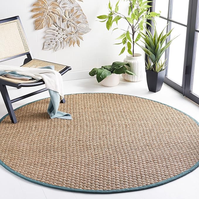 SAFAVIEH Area Rug 8' Round - Natural Fiber Collection - Natural & Light Blue, Seagrass, Basketweave Pattern with Border (NF114M)
