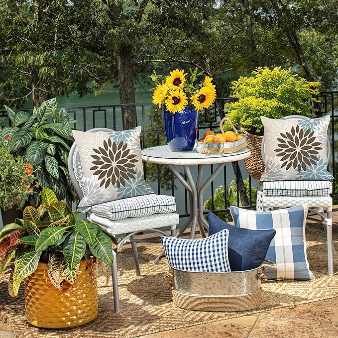 DFXSZ Brown Blue Flower Pillow Covers 20x20 Inch Set of 2 Summer Outdoor Waterproof Decor for Home Patio Funiture Garden Living Room Cushion Cover 002F20