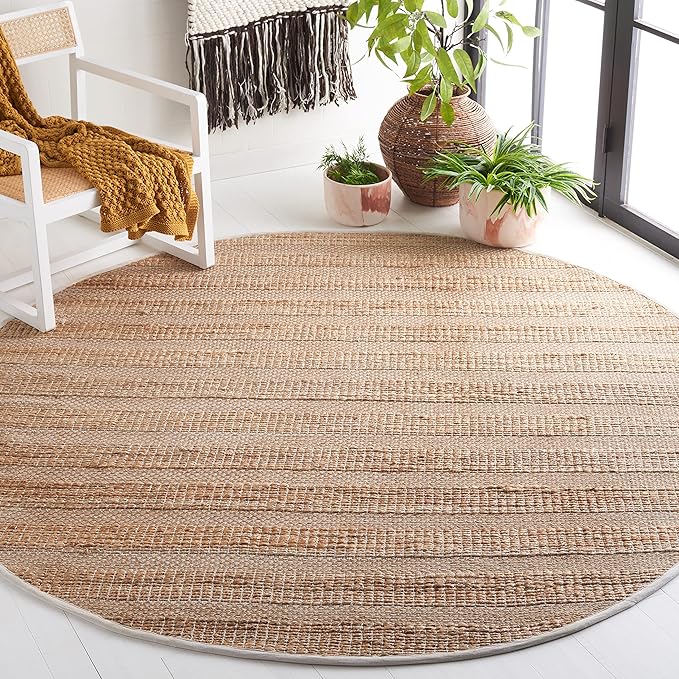 SAFAVIEH Natural Fiber Collection 7' Round Ivory/Natural NFB654A Handmade Boho Farmhouse Rustic Jute & Cotton Jute Area Rug