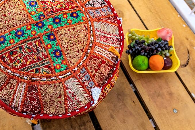 THE ART BOX Cotton Patchwork Vintage Boho Embroidered Bean Bag Seating Pouf Covers Ottoman Kids Stool Decorative Chair Boho Home Décor (14x22 Inches, Cover Only)