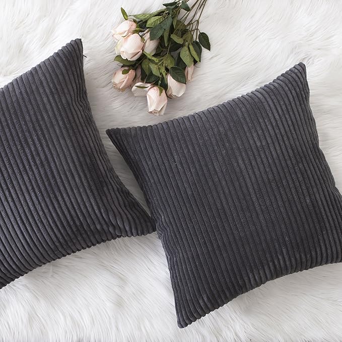 Home Brilliant Grey Pillow Covers 18 x 18 Set of 2 Soft Decorative Striped Corduroy Velvet Square Throw Pillow Cover for Sofa Couch, 18x18 inch, Dark Grey