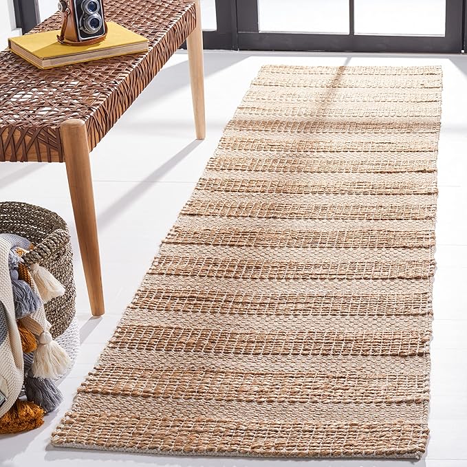 SAFAVIEH Natural Fiber Collection Runner Rug - 2'3" x 8', Ivory & Natural, Handmade Boho Farmhouse Rustic Jute & Cotton Jute, Ideal for High Traffic Areas in Living Room, Bedroom (NFB654A)