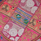 Indian Handmade Patchwork Codework Pink Round Pouf Cover Ottoman Floor Pillow Cushion Seating Throw Decorative Pom Pom Pillow Cases Boho 32 Inches, BFPC0106