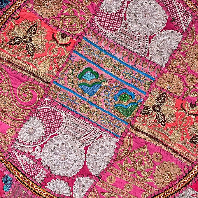 Indian Handmade Patchwork Codework Pink Round Pouf Cover Ottoman Floor Pillow Cushion Seating Throw Decorative Pom Pom Pillow Cases Boho 32 Inches, BFPC0106