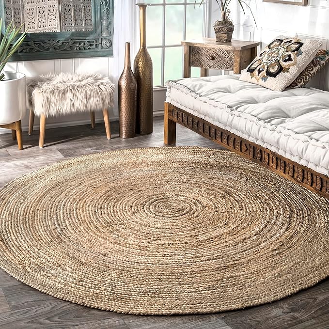 nuLOOM 8 Round Rigo Jute Hand Woven Area Rug, Natural, Solid Farmhouse Design, Natural Fiber, For Bedroom, Living Room, Dining Room, Hallway, Office, Kitchen, Entryway