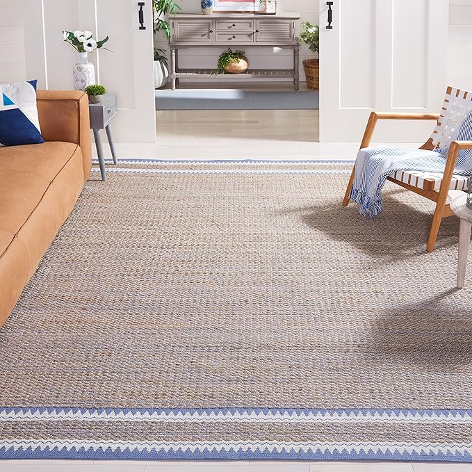 SAFAVIEH Natural Fiber Collection Area Rug - 9' x 12', Natural & Blue, Handmade Farmhouse Boho Coastal Rustic Jute, Ideal for High Traffic Areas in Living Room, Bedroom (NF874M)