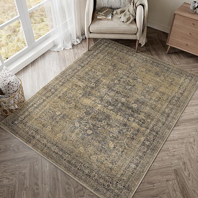 5x7 Brown Black Area Rug for Living Room Washable Vintage Distressed Carpet Bedroom Low Pile Non Slip Indoor Soft Retro Throw Accent Rug Office Kitchen Bathroom Dining Room