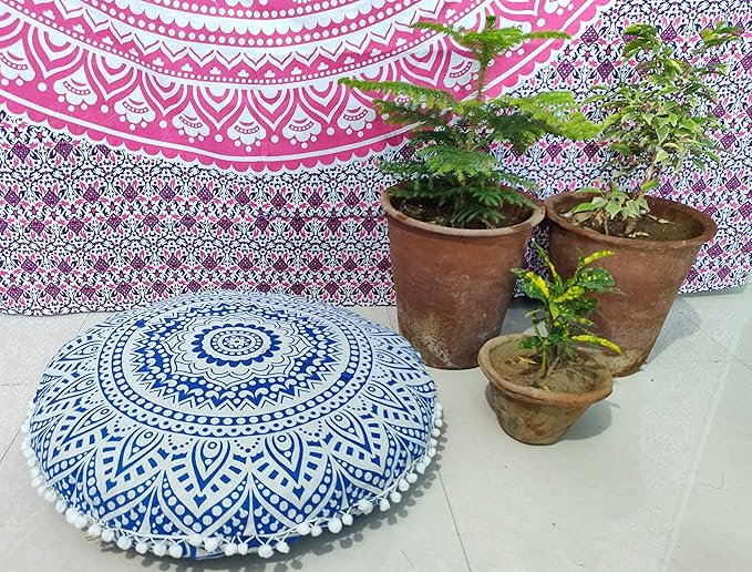 INDIAN CRAFT CASTLE 24" Blue Ombre Mandala Barmeri Large Floor Pillow Cover Cushion Meditation Seating Ottoman Throw Cover Hippie Decorative Zipped Bohemian Pouf Ottoman Pom Pom Cases 24" Round