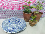INDIAN CRAFT CASTLE 24" Blue Ombre Mandala Barmeri Large Floor Pillow Cover Cushion Meditation Seating Ottoman Throw Cover Hippie Decorative Zipped Bohemian Pouf Ottoman Pom Pom Cases 24" Round
