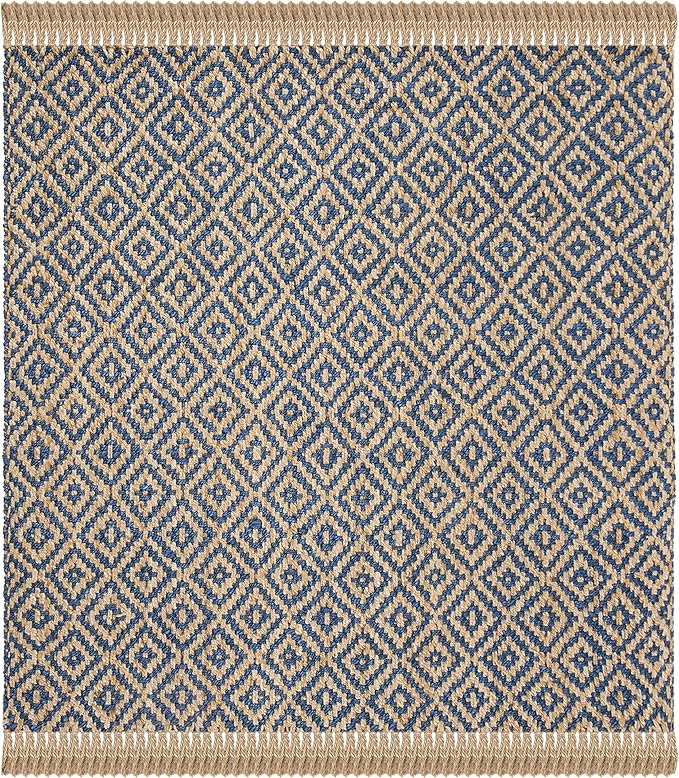 SAFAVIEH Natural Fiber Collection Area Rug - 6' Square, Tropical Blue & Natural, Handmade Boho Diamond Tassel Jute, Ideal for High Traffic Areas in Living Room, Bedroom (NF266D)