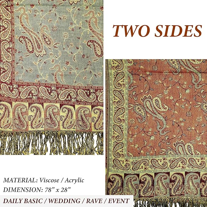 Achillea Reversible Paisley Pashmina Rave Scarf – Exotic Indian Shawls and Wraps for Evening Dresses, Festivals, All Seasons
