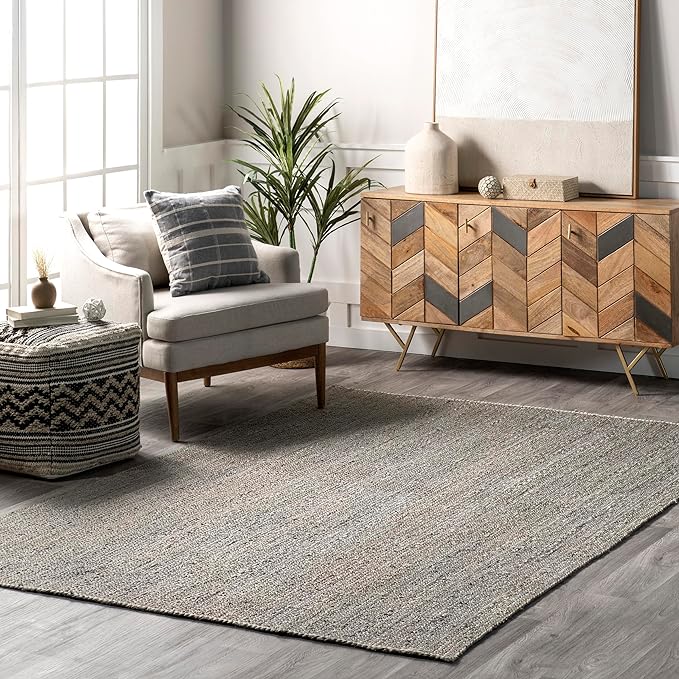 nuLOOM 8x10 Rigo Jute Hand Woven Area Rug, Grey, Solid Farmhouse Design, Natural Fiber, For Bedroom, Living Room, Dining Room, Hallway, Office, Kitchen, Entryway