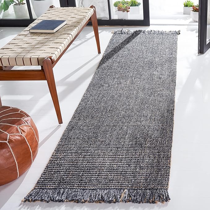 SAFAVIEH Natural Fiber Collection Runner Rug - 2'3" x 8', Charcoal & Natural, Handmade Woven Fringe Jute, Ideal for High Traffic Areas in Living Room, Bedroom (NF826H)