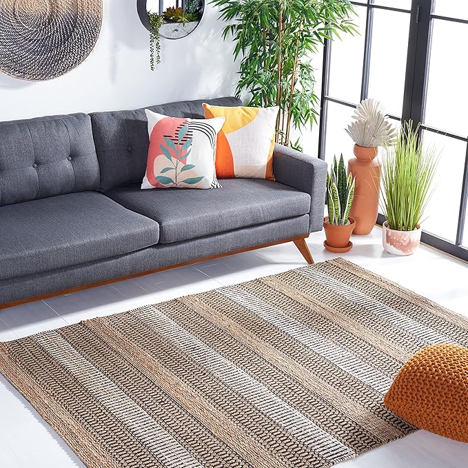 SAFAVIEH Natural Fiber Collection Area Rug - 6'6" Square, Black & Natural, Handmade Flat Weave Stripe Jute & Cotton, Ideal for High Traffic Areas in Living Room, Bedroom (NFB652Z)