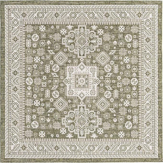 Rugs.com Outdoor Aztec Collection Rug – 8 Ft Square Green Flatweave Rug Perfect for Living Rooms, Kitchens, Entryways