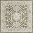 Rugs.com Outdoor Aztec Collection Rug – 8 Ft Square Green Flatweave Rug Perfect for Living Rooms, Kitchens, Entryways