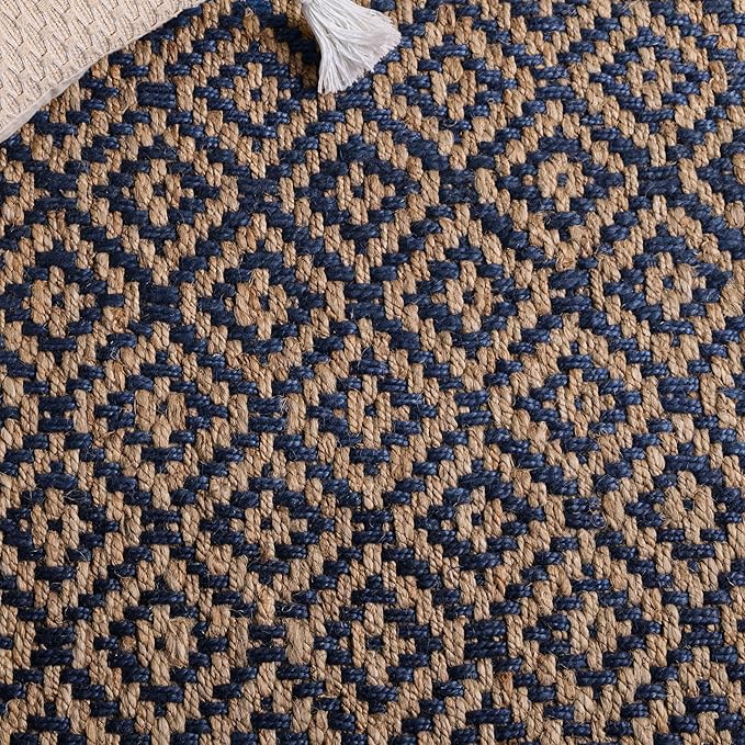 SAFAVIEH Natural Fiber Collection Runner Rug - 2'3" x 12', Tropical Blue & Natural, Handmade Boho Diamond Tassel Jute, Ideal for High Traffic Areas in Living Room, Bedroom (NF266D)
