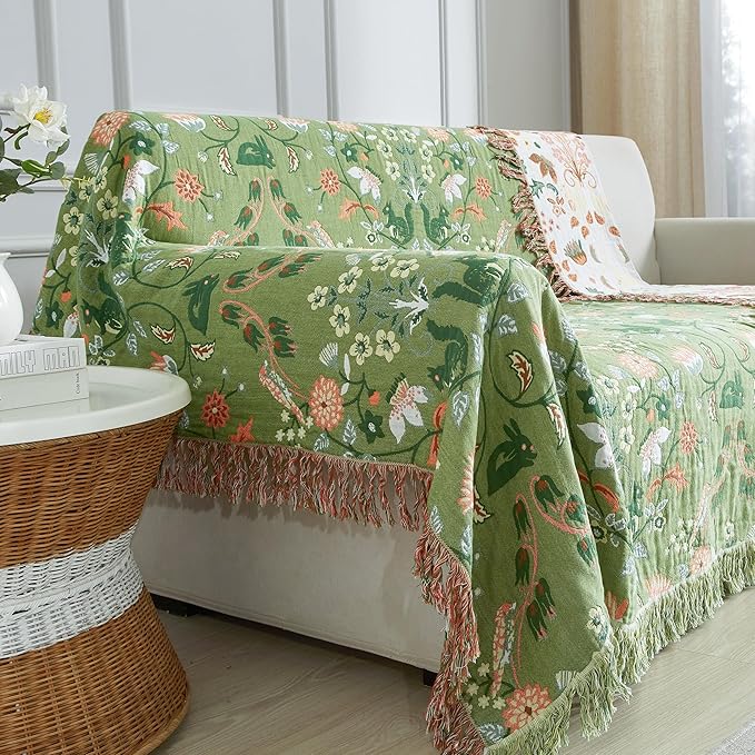 Boho Throw Blanket for Bed 80”x90”, 100% Cotton Woven Blanket for Couch Sofa, Ultra Soft 4-Layer Muslin Quilt with Floral Printed, Farmhouse Bed Blanket/Cover for Living Room Decor