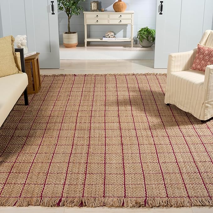 SAFAVIEH Area Rug 8x10 - Natural Fiber Collection - Large - Natural & Wine, Handmade Jute, Ideal for Living Room, Bedroom, Dining Space (NF602S)