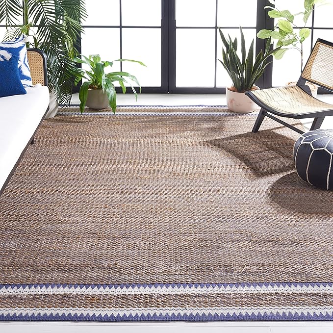 SAFAVIEH Area Rug 8x10 - Natural Fiber Collection - Large - Natural & Navy, Handmade Jute, Boho Farmhouse Style, Ideal for Living Room, Bedroom, Dining Space (NF874N)