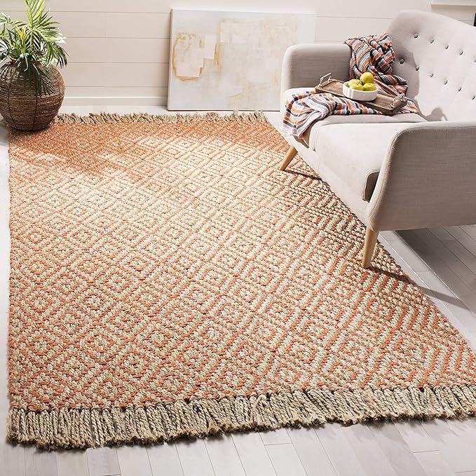 SAFAVIEH Natural Fiber Collection Accent Rug - 3' x 5', Orange & Natural, Handmade Boho Diamond Tassel Jute, Ideal for High Traffic Areas in Entryway, Living Room, Bedroom (NF266B)